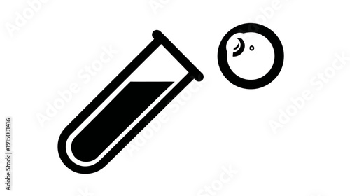 Black and white illustration with a tilted test tube containing a liquid and an eye-like circle