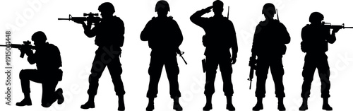 Black silhouette set of military soldiers, army special forces with rifles and weapons, cad drawing flat vector illustration, isolated.