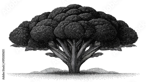A detailed, stylized black and white illustration of a broccoli plant, dotwork effect