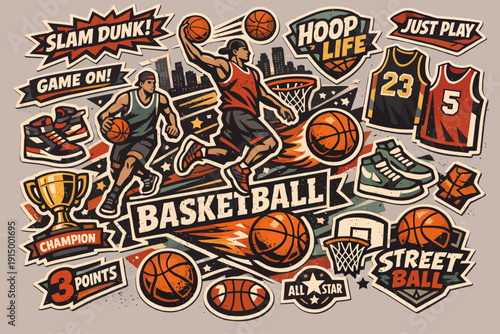Dynamic collection of basketball-themed stickers and patches featuring players, equipment, and motivational phrases in a vibrant graphic style.