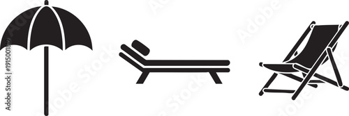 Beach Travel Umbrella Sunbed Deck Chair Icons
