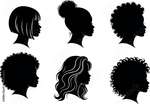 Black Woman Silhouette Profile Set, Diverse Natural Hair Styles, Afro Curls, Bob, Bun, and Wavy Hair, Isolated Vector Illustration, Beauty Icons
