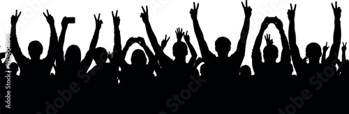Crowd of Cheerful People Silhouette with Raised Hands Victory Signs and Smartphones at Concert Festival Celebration Event Party on White Background (21 words)