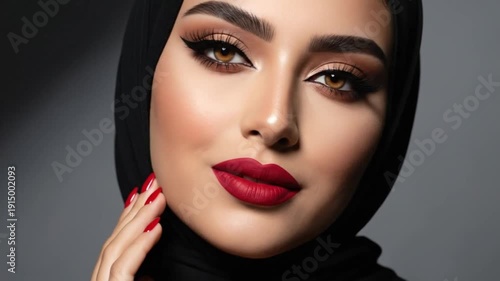A Middle Eastern woman with elegant makeup showcasing red painted nails and bold red lipstick
