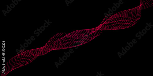 Abstract red wave grid lines flowing on a black background, forming a dynamic digital mesh with smooth curves and motion.