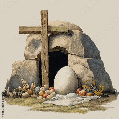 Empty tomb with cross and easter bunnies celebrating resurrection. Easter greeting card. Empty cave, stone rolled away, with cross, bunnies and colorful Easter eggs