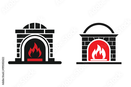 Stylized fireplace icons with burning logs and brick structures silhouette
