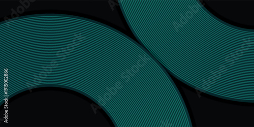 Abstract geometric background featuring layered curved lines and concentric arc patterns in deep teal and dark green tones