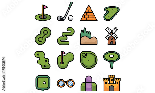 Collection of cartoon style golf course symbols including obstacles hazards and accessories in playful design
