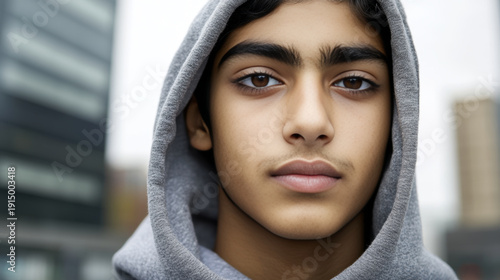Indian teenage boy in grey hoodie, close-up portrait