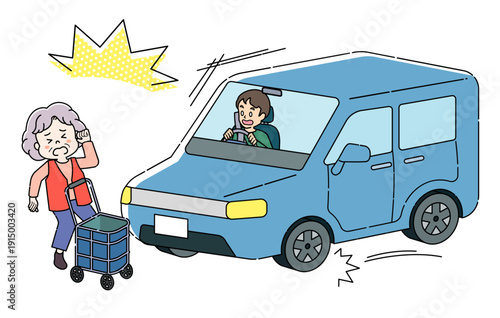 交通事故に遭うシニア女性のイラスト 4C