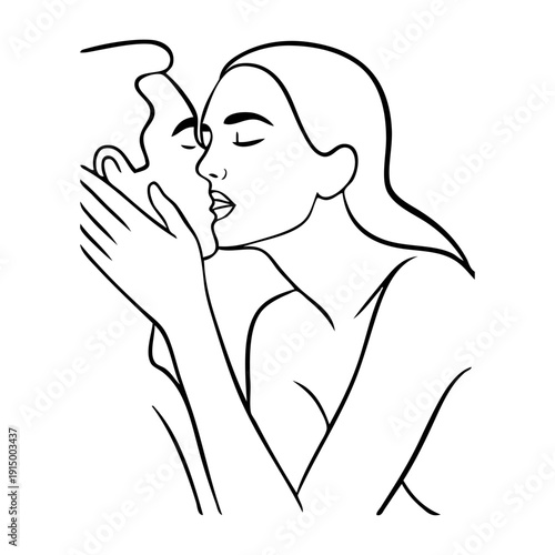 Dibujo con líneas de una pareja romántica desnuda besándose. Novio y novia enamorados para tarjetas y felicitaciones de San Valentín 