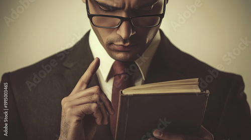 Serious businessman with glasses reads an open book