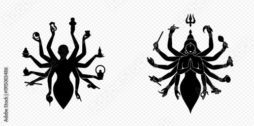 Two silhouettes of Hindu goddesses with multiple arms, depicting divine power and cultural symbolism.