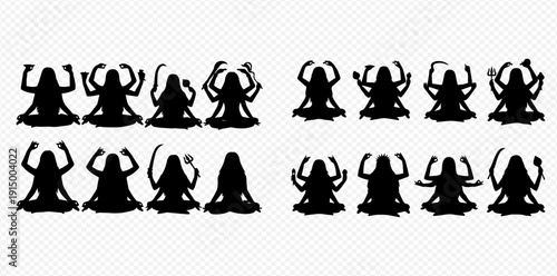 Set of black silhouettes of Hindu goddesses, Kali, Durga, Lakshmi, and Saraswati, in various poses.