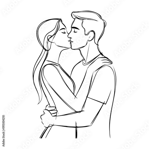 Dibujo con líneas de una pareja romántica besándose. Novio y novia enamorados para tarjetas y felicitaciones de San Valentín 