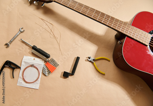 Obraz na plátně Guitar String Maintenance and Repair Tools for Acoustic Guitar Restringing and A