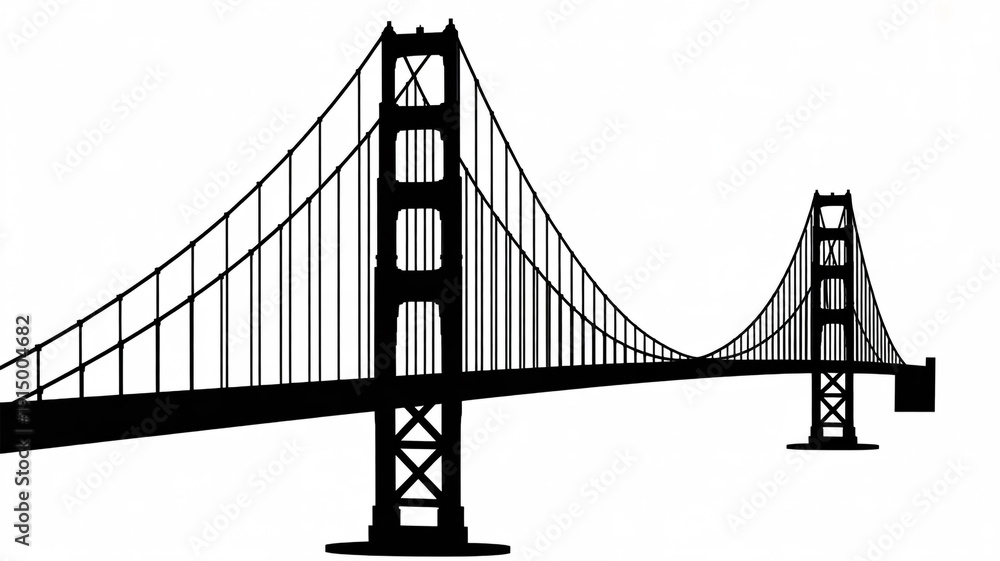 Obraz premium Black Silhouette of the Golden Gate Bridge with Suspension Cables and Towers on White Background