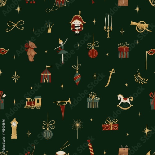 Seamless New Year's pattern with a nutcracker, Christmas decorations, gift boxes, spruce branches, a ballerina, and toys.