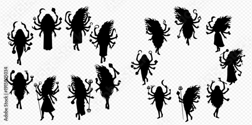 Hindu goddess Durga silhouettes in various poses, representing power, protection, and divine strength in Indian mythology.