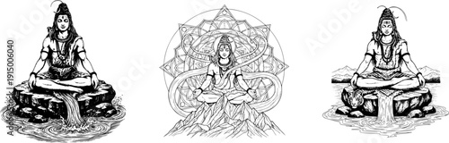 Complete Lord Shiva meditation bundle. Professional vector set of Ganga source meditation, cosmic mandala peaks, and spiritual yoga poses for Hindu branding, meditation apps, and religious wall art