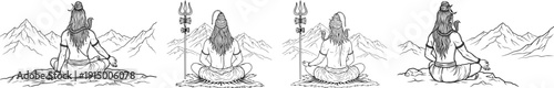 Lord Shiva meditating facing Mount Kailash vector bundle. Professional line art set for Yoga branding, spiritual wellness apps, Hindu festival posters, ziarah travel flyers, and coloring books