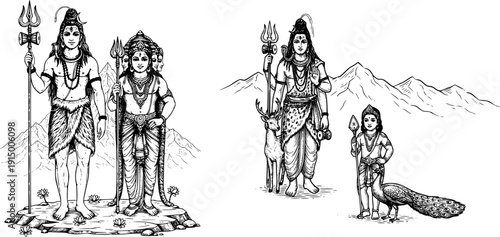 Lord Shiva and Kartikeya vector bundle. Detailed line art set for Mahashivratri, Thaipusam flyers, Hindu spiritual wall decor, religious book illustrations, and cultural educational materials