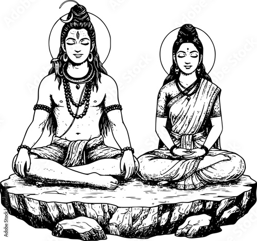Lord Shiva and Goddess Parvati meditating. Detailed line art vector for Yoga centers, Mindfulness apps, Hindu spiritual wall decor, Zen posters, religious storytelling, and coloring pages.