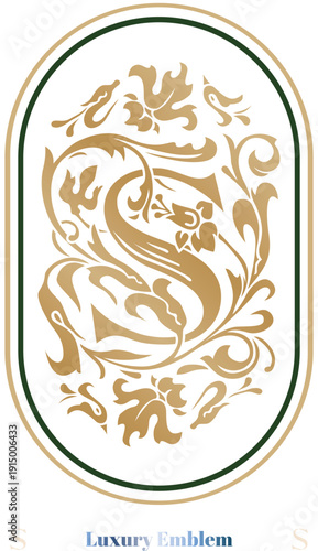 Luxury Golden Letter S Monogram with Ornamental Floral Scrollwork. Classic Vintage Heraldic Emblem. Branding, Wedding Invitations, Boutique Logos, Packaging Design, Certificates, Beauty Labels Oval