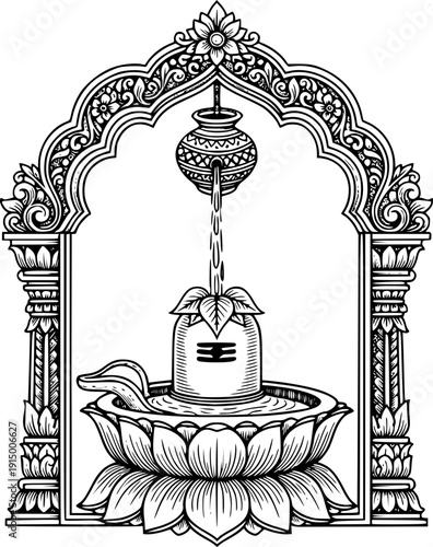 Shiva Lingam Abhishekam vector on lotus throne with temple arch. Ornate line art for premium Mahashivratri banners, Hindu festival posters, spiritual temple invitations, and religious wall decor