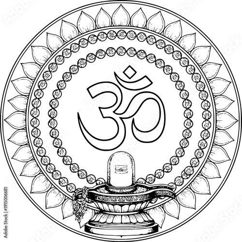 Sacred Om symbol with Shiva Lingam on lotus altar. Professional line art vector for Hindu temple branding, Yoga studio decor, meditation app icons, religious stationery, and adult coloring pages