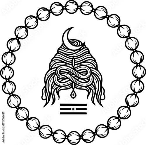 Sacred Shiva Jata hair with crescent moon, Tripundra, and Rudraksha mala frame. Detailed line art vector for Yoga branding, spiritual logos, Hindu meditation decor, and Mahashivratri festival art
