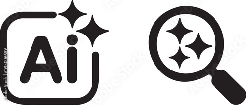 AI magnifying glass and artificial intelligence search icons for smart data analysis and technology tools