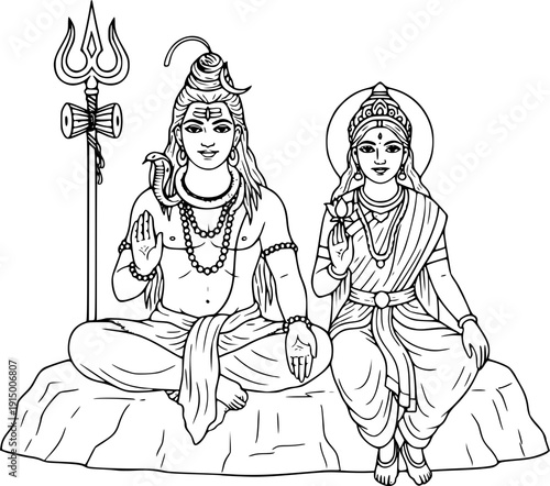 Lord Shiva and Goddess Parvati sitting together. Detailed line art vector for Wedding invitations, Karwa Chauth posters, Hindu family wall decor, spiritual branding, and religious coloring books