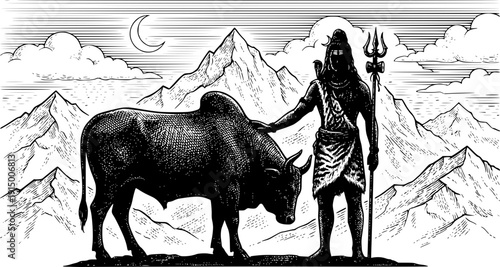 Lord Shiva silhouette with Nandi bull and Trishula in Mount Kailash. Black and white vector for Mahashivratri posters, Hindu spiritual wall art, meditation backgrounds, and religious book covers