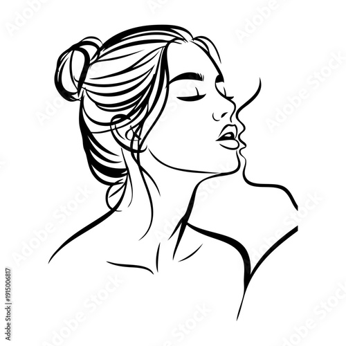 Dibujo con líneas de una pareja lesbiana romántica desnuda besándose. Novias enamoradas para tarjetas y felicitaciones de San Valentín