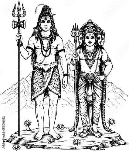 Lord Shiva and Kartikeya standing in Himalaya. Artistic line art vector for Mahashivratri posters, Thaipusam flyers, Hindu spiritual wall art, yoga branding, and religious educational materials