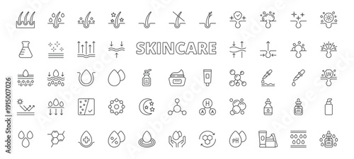Skincare icons in line design. skincare, beauty, cosmetic, cream, serum, facial, routine on white background vector. Skincare editable stroke icons