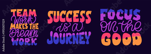 Hand Lettered Motivational Quotes Set about Success and Goals with Teamwork and Growth Phrases