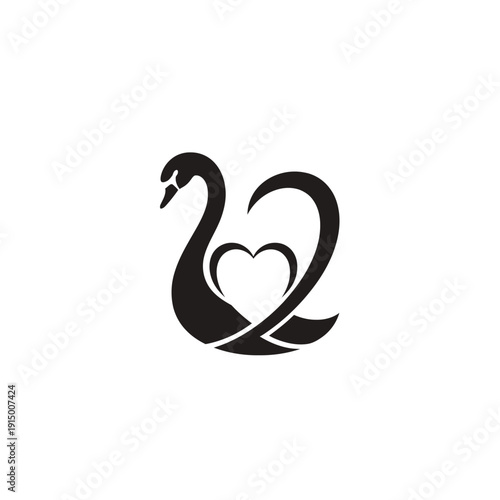 Elegant Black Swan Logo Design with Heart Shape on Isolated White Background