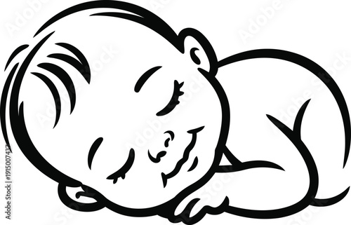 Simple black and white line art illustration depicts a peacefully sleeping infant curled up on its side during rest.