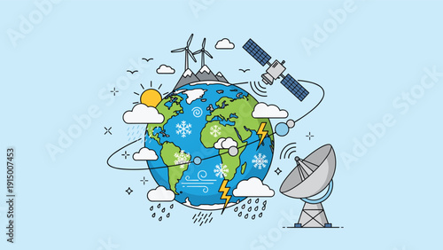 Detailed illustration of the Earth globe with various weather icons, a satellite, and a radar dish for global weather monitoring.