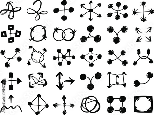 Hand-drawn collection of abstract connection symbols, flowcharts, and directional arrows provides design elements for.