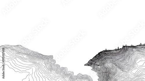 Stylized grayscale illustration of a mountainous landscape with contour lines, and trees on top of a cliff