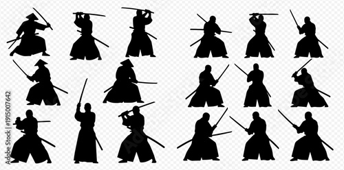 Samurai warrior silhouettes in various dynamic fighting poses with katanas, depicting ancient Japanese martial arts and historical combat.