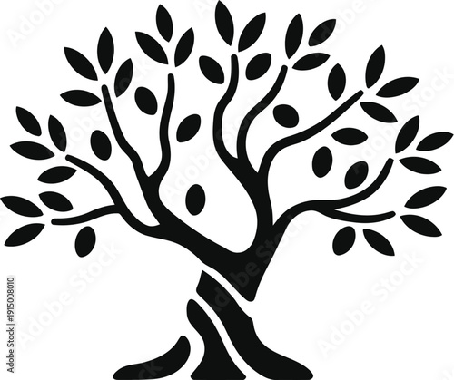 Stylized black silhouette of an ancient olive tree bearing fruit against a white background represents peace.