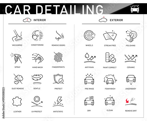 Car detailing icon set. The outline icons are well scalable and editable. Contrasting vector elements are good for different backgrounds. EPS10.