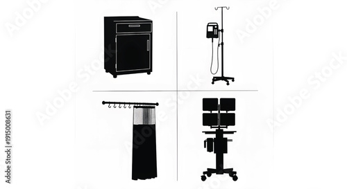 The silhouette style emphasizes the shapes and functionalities of hospital or clinic furnishings and equipment