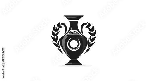 A black monochrome illustration of an ancient Greek amphora, with flanking laurel wreaths on a white background