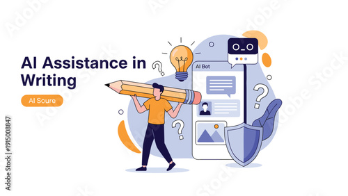 Young man carrying a giant pencil while using artificial intelligence tools on a smartphone for creative writing and content generation.